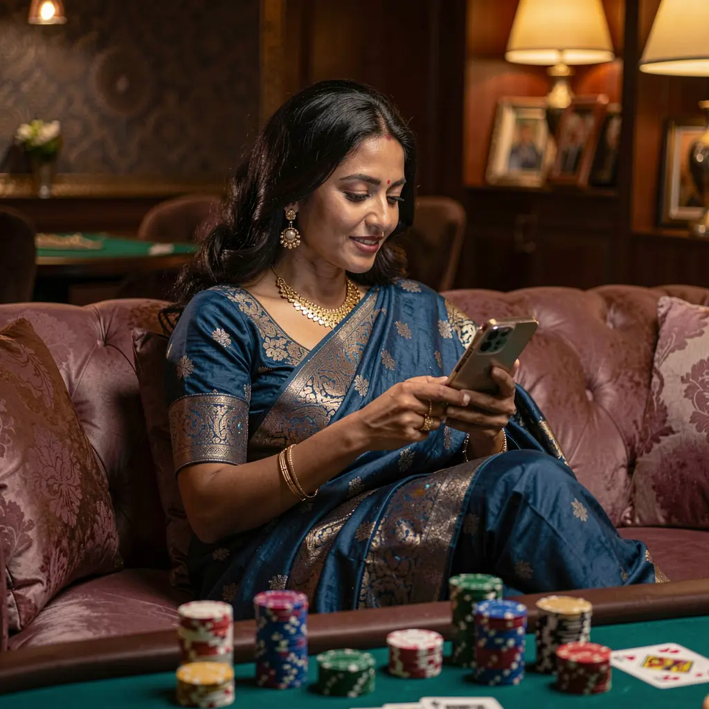 Elegant Bangladeshi woman relaxing on a sofa while using the 930k casino app with glowing chips and cards creating a cinematic mobile gaming mood