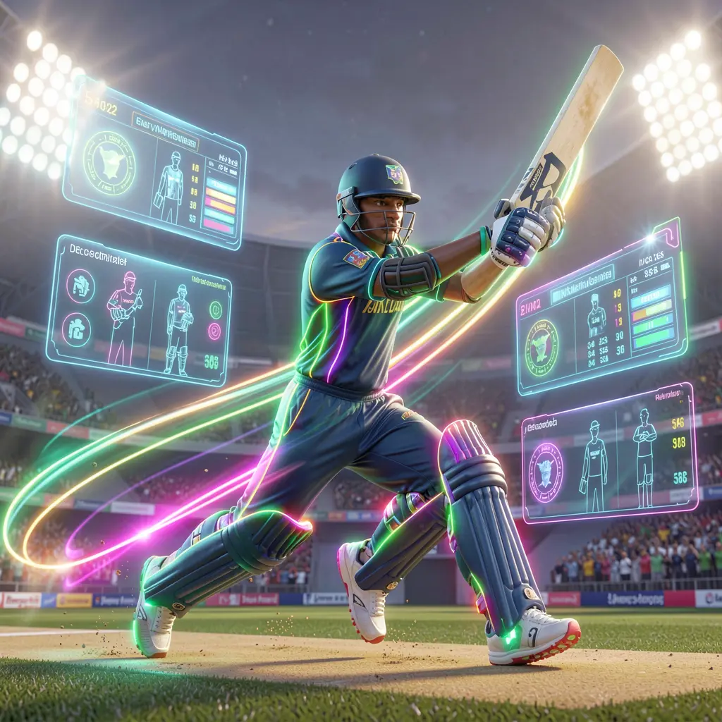Futuristic cricket player with a glowing bat and dynamic light trails showcasing fast paced sports betting action on 930k in Bangladesh