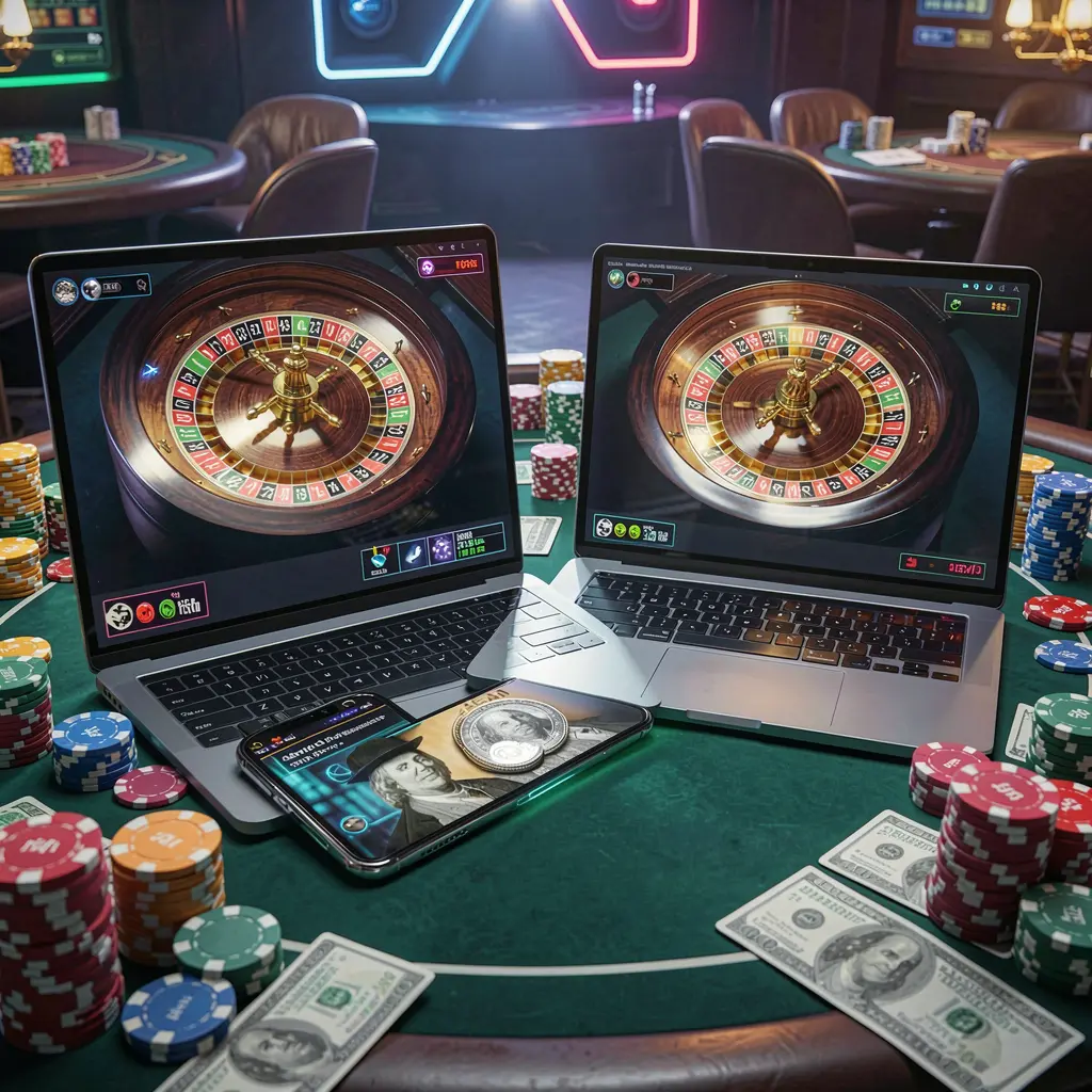 Futuristic casino atmosphere with glowing roulette wheels on a laptop and smartphone surrounded by digital chips showcasing the immersive online casino experience at 930k in Bangladesh