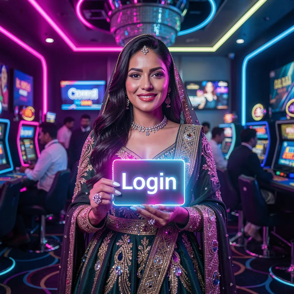 Elegant Bangladeshi woman holding a glowing login card in a neon casino environment representing secure access at 930k