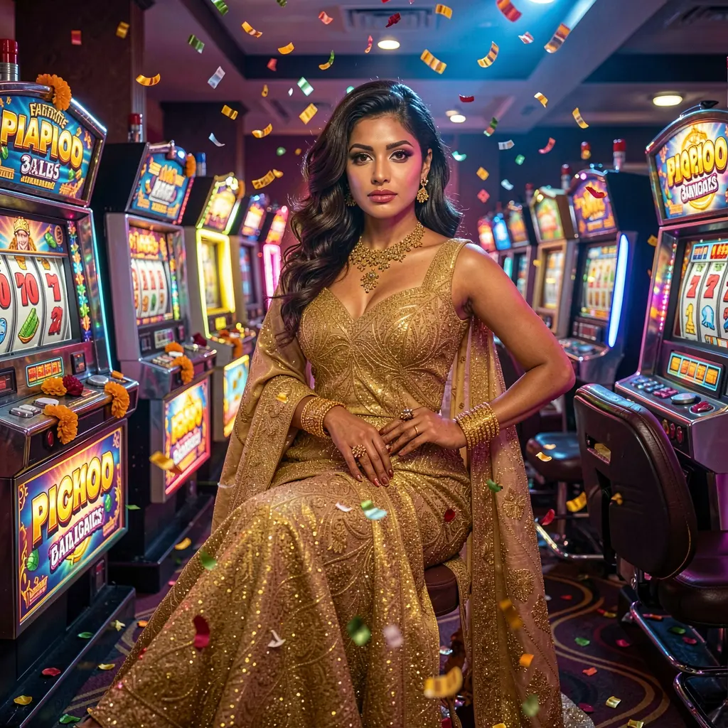 Elegant woman in a sparkling gold dress standing among glowing slot machines inside the immersive 930k casino environment in Bangladesh